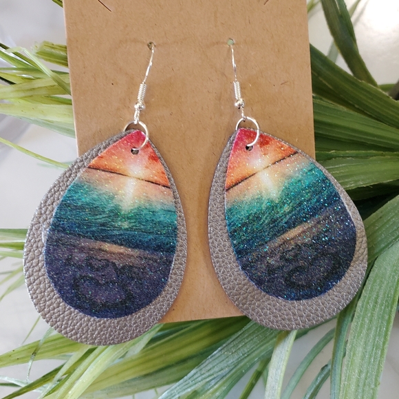 Ocean Sunset Faux Leather Teardrop Earrings - Picture 1 of 13